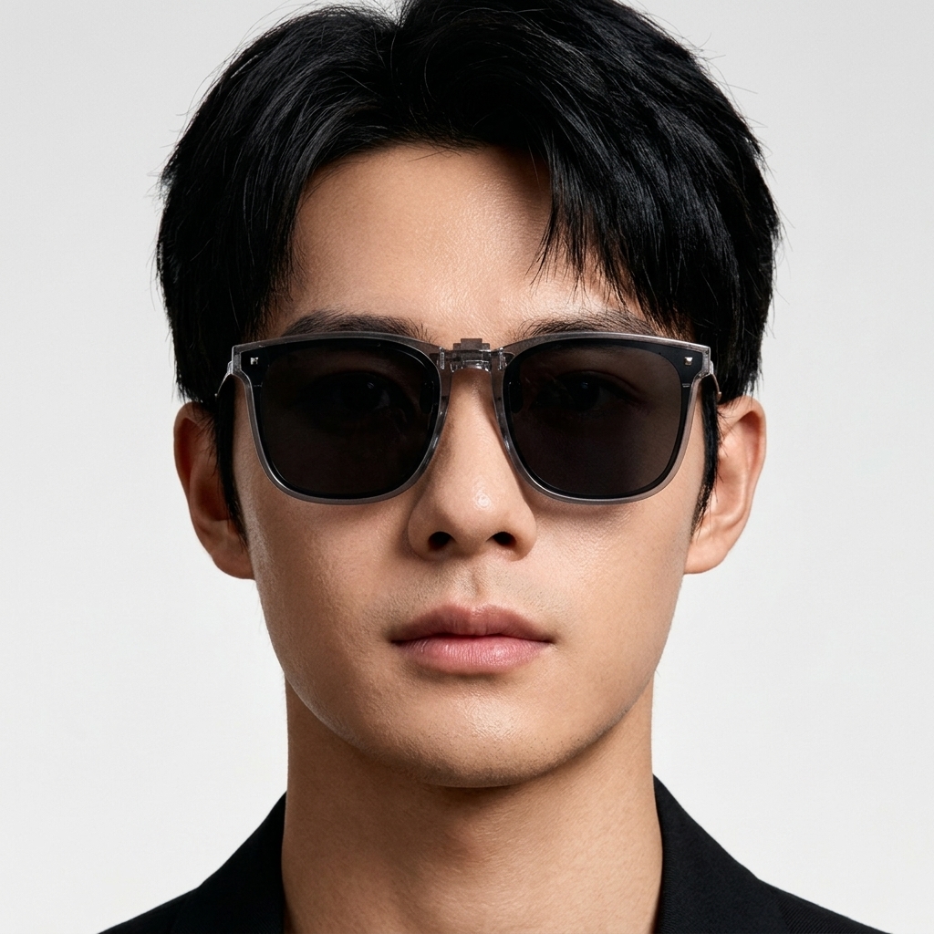 アウトドア偏光折りたたみサングラスクリップ|耳掛けのないメガネ | Square Polar | Eterlens - model wearing image (AI generated, QA passed)
