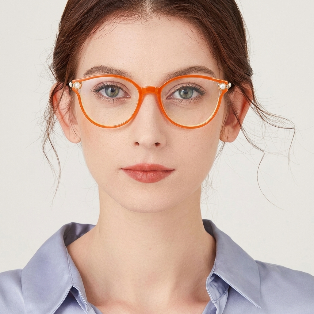 キャットアイ ブルーライトカットレンズ搭載 ペールカラーシニアグラス | Boston BlueGuard | Eterlens - model wearing image (AI generated, QA passed)