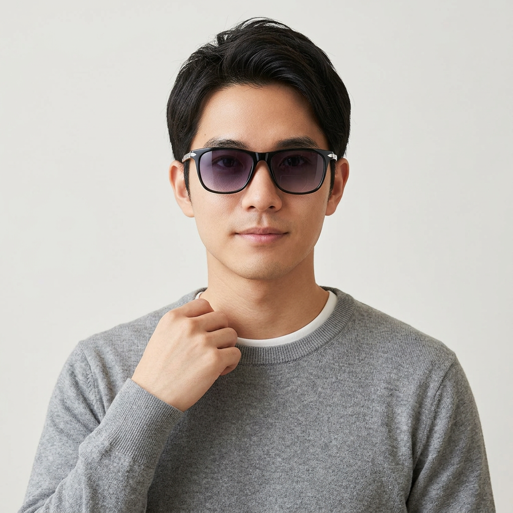 ビッグフレーム遠近両用多機能老眼鏡 | Square SunReader | Eterlens - model wearing image (AI generated, QA passed)