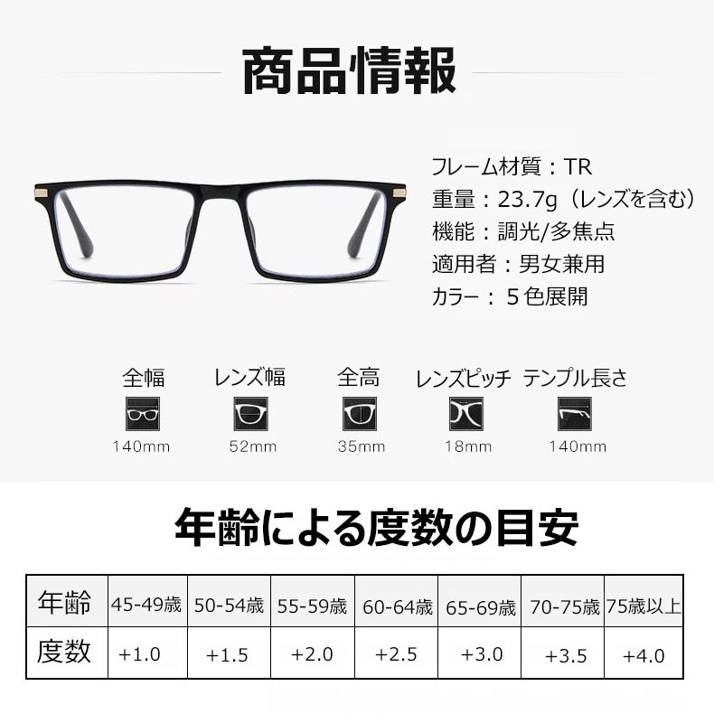 Eterlens 1本3役！遠近両用・瞬間調光サングラス【ブルーライトカット・老眼対応】 - 商品画像 6/12 (Round Progressive)