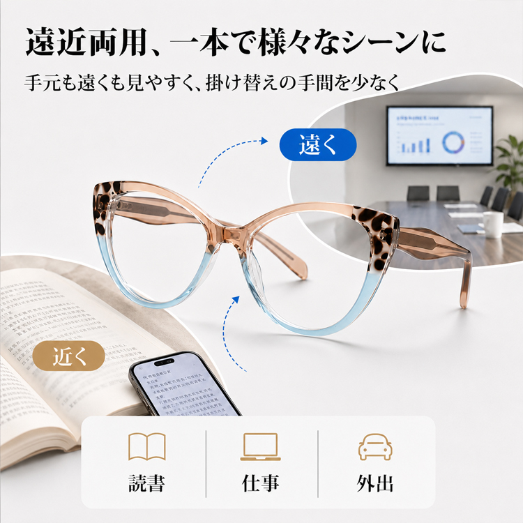 キャットアイ型｜幾何学フレームで可愛く引き締め｜お出かけにも最適｜ブルーライトカット対応｜Sweet Edge｜Eterlens