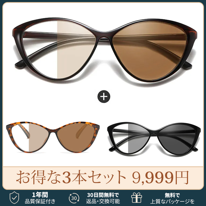 【TR軽量・調光変色】 Eterlens｜欧米風ビッグフレームキャットアイ ブルーライトカットメガネ｜軽やかなTR素材 長時間でも鼻に負担がかかりにくい｜自動調光で1本2役｜ビッグフレームですっきり見え・すっきり見え-Brown