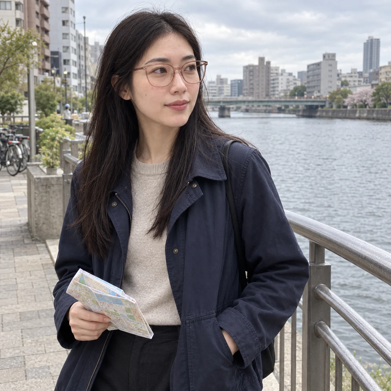 木曜日、同じモデルによる川沿い・トラベルのメガネコーディネート