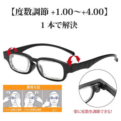 【度数調節 +1.00〜+4.00・1本で解決】Eterlens 自動で度数が変えられる老眼鏡｜超軽量TR素材｜ブルーライトカット機能付き｜黒縁スクエア型
