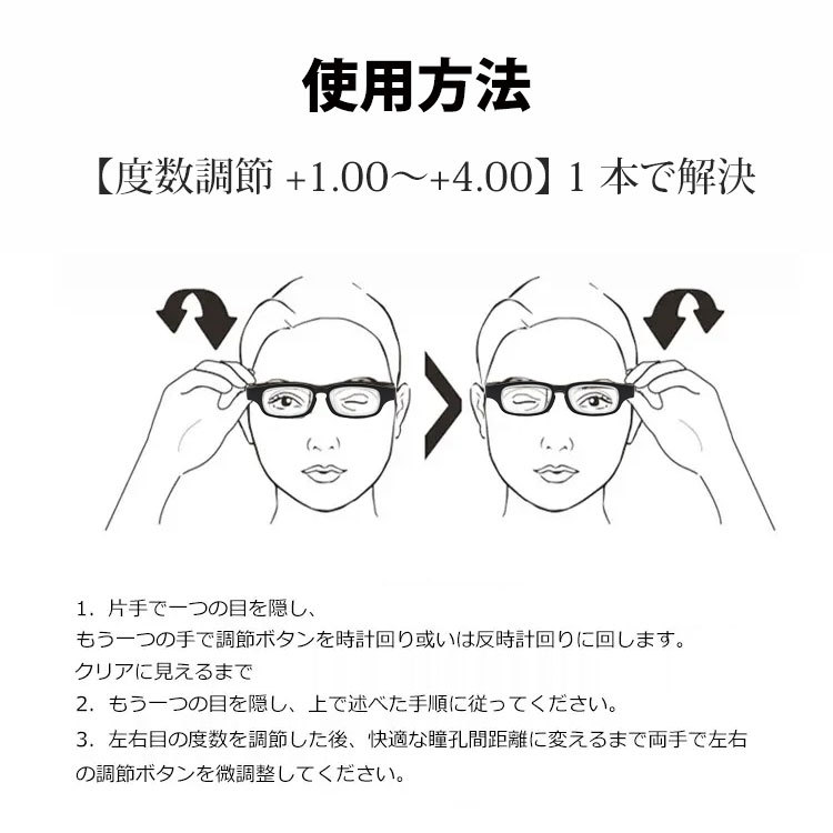 【度数調節 +1.00〜+4.00・1本で解決】Eterlens 自動で度数が変えられる老眼鏡｜超軽量TR素材｜ブルーライトカット機能付き｜黒縁スクエア型