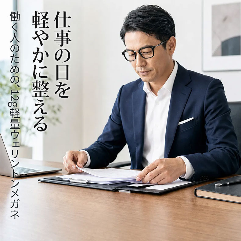 【若々しい印象に】Eterlens｜ビジネスシーンになじむデザイン｜約12gの軽量設計｜締めつけ感を抑えた掛け心地｜上質なチタン製ウェリントンメガネ 商品画像 3