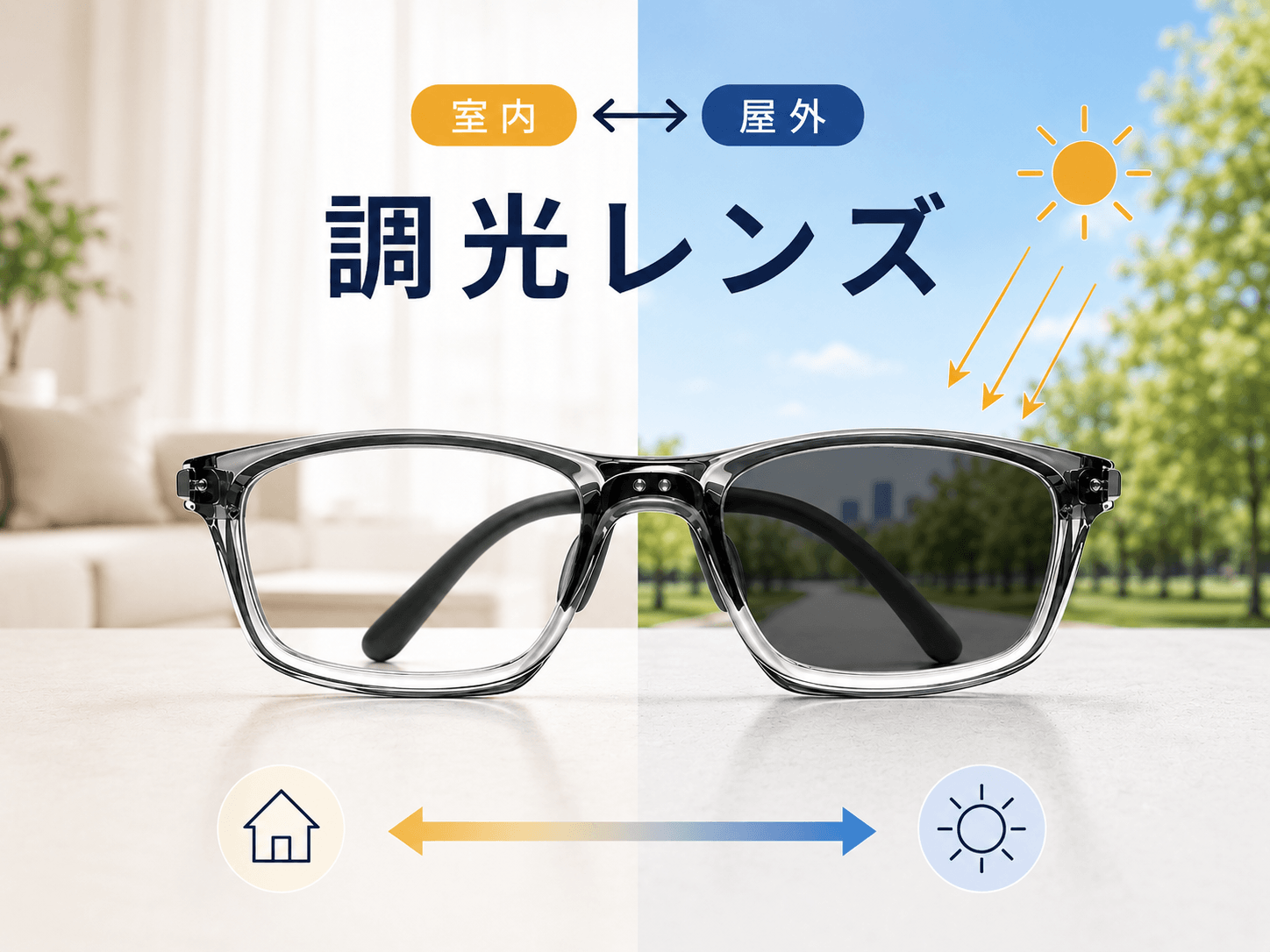 室内と屋外で色が変化する調光レンズ