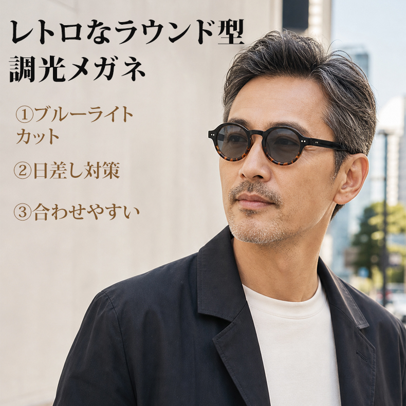 Eterlens｜クラシックな太セルラウンドメガネ｜べっ甲柄｜調光レンズ｜ブルーライトカット｜知的な印象に