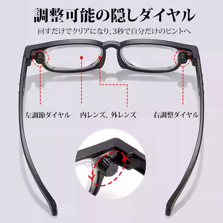 【度数調節 +1.00〜+4.00・1本で解決】Eterlens 自動で度数が変えられる老眼鏡｜超軽量TR素材｜ブルーライトカット機能付き｜黒縁スクエア型