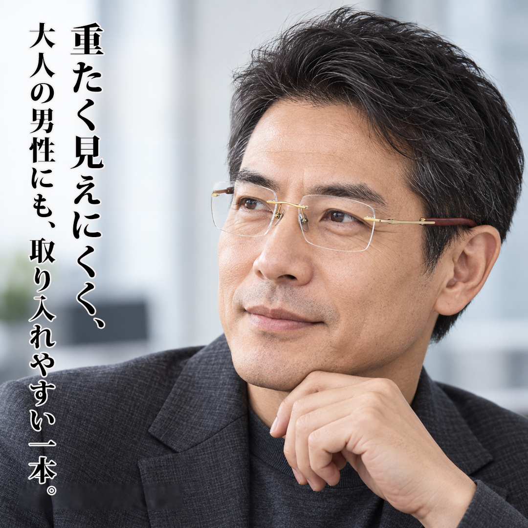 Eterlens｜天然檀木リムレスメガネ｜木ならではのやさしい肌あたり｜締めつけにくい軽やかなかけ心地｜汗ばむ季節も使いやすい｜長時間のデスクワークにも