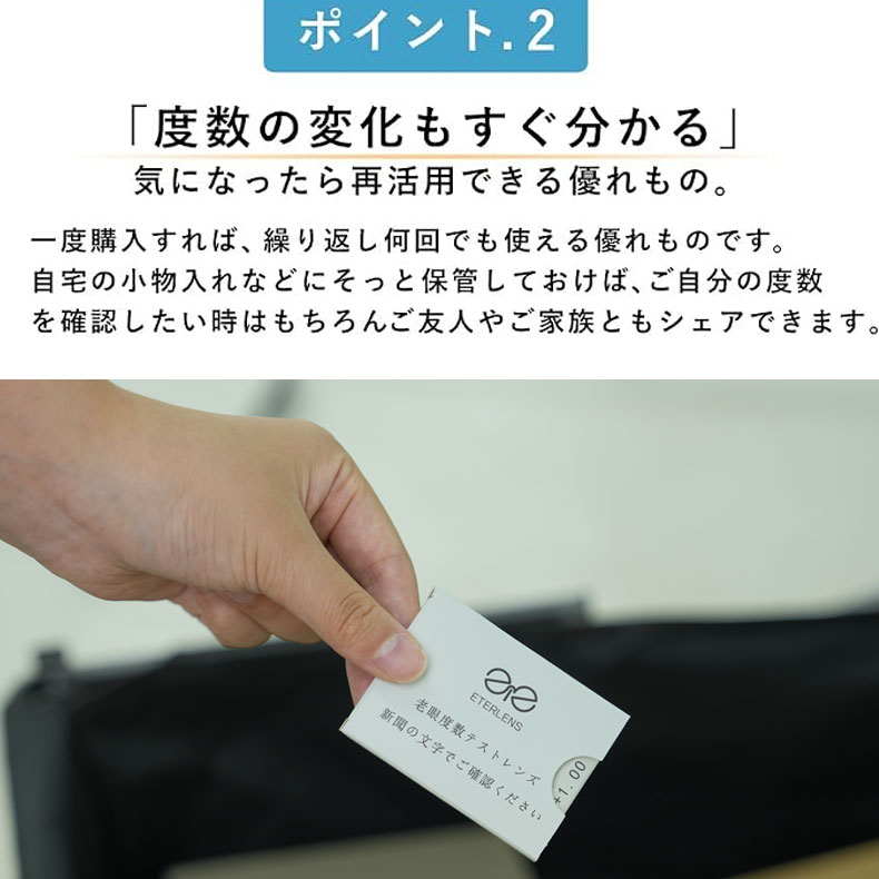 Eterlens｜老眼鏡 度数チェックカード｜+1.00 +1.50 +2.00 +2.50 +3.00 +3.50対応