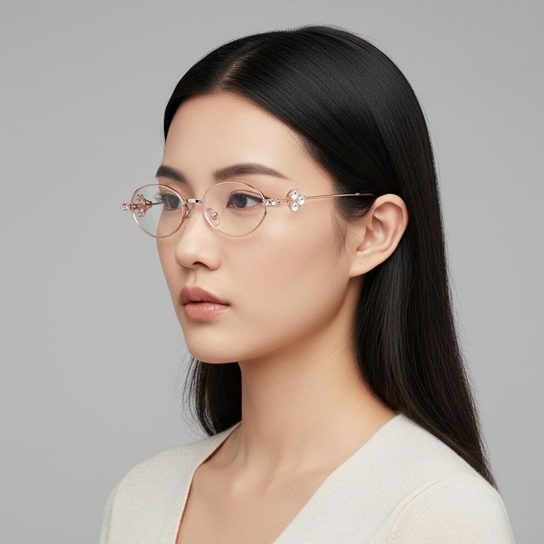 【まるで顔のジュエリー】Eterlens 知性の窓｜横顔に輝く「ラインストーン」付き オーバル｜軽量 上品｜老眼鏡 度付き - 商品画像 3/9 (Round Progressive)