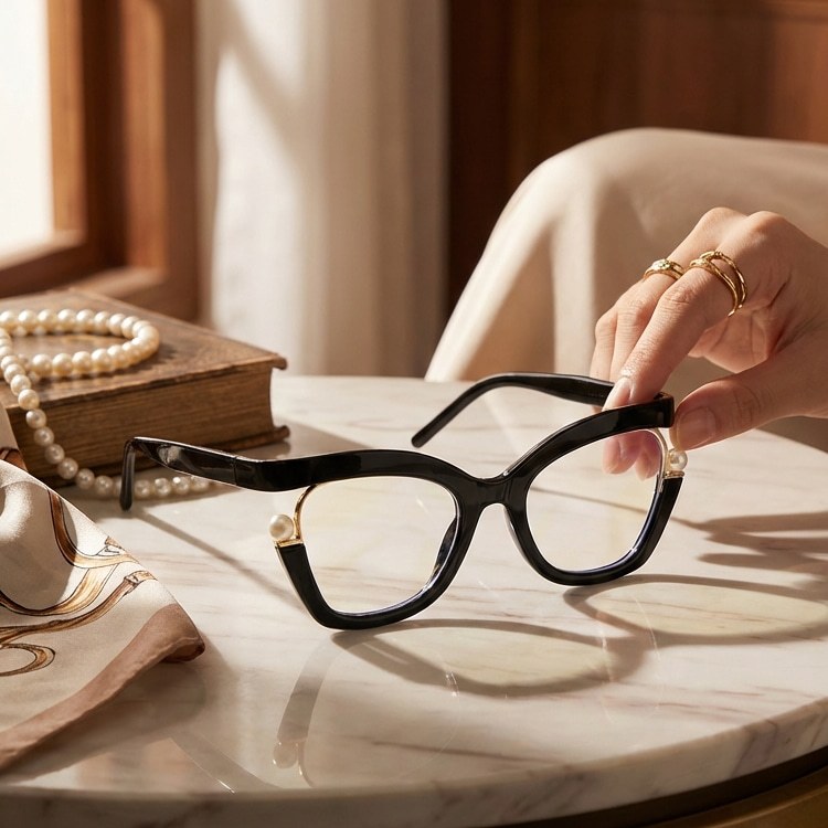 Eterlens-個性的なパール付きキャットアイメガネ