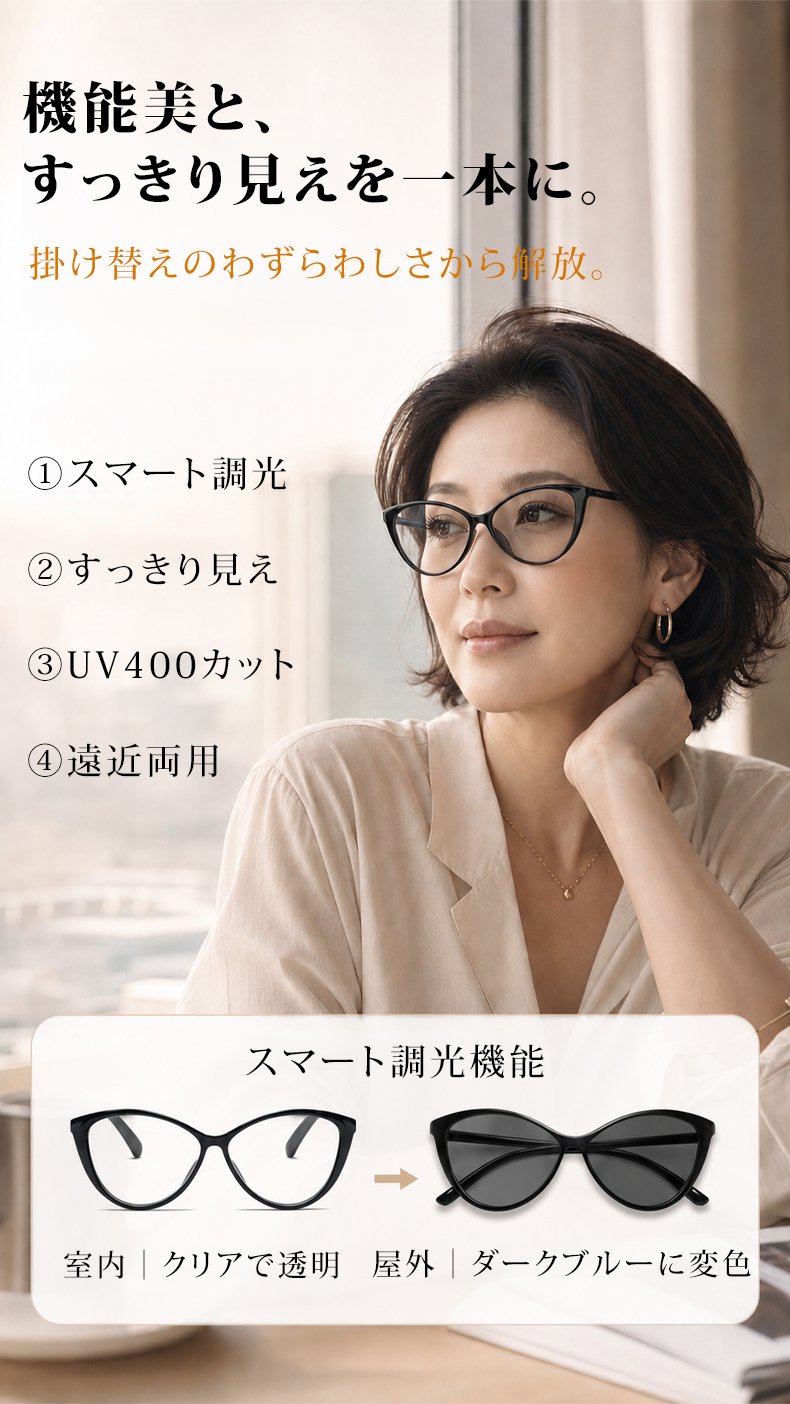 【TR軽量・調光変色】 Eterlens｜欧米風ビッグフレームキャットアイ ブルーライトカットメガネ｜軽やかなTR素材 長時間でも鼻に負担がかかりにくい｜自動調光で1本2役｜ビッグフレームですっきり見え・すっきり見え 商品画像 20