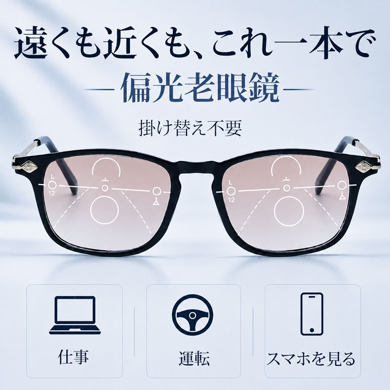 Eterlens 老眼鏡|デュアル・スタイル | 1つのレンズで2つの機能を持つ遠近両用サングラス | UVカット ウェリントン 黒金デザイン おしゃれ