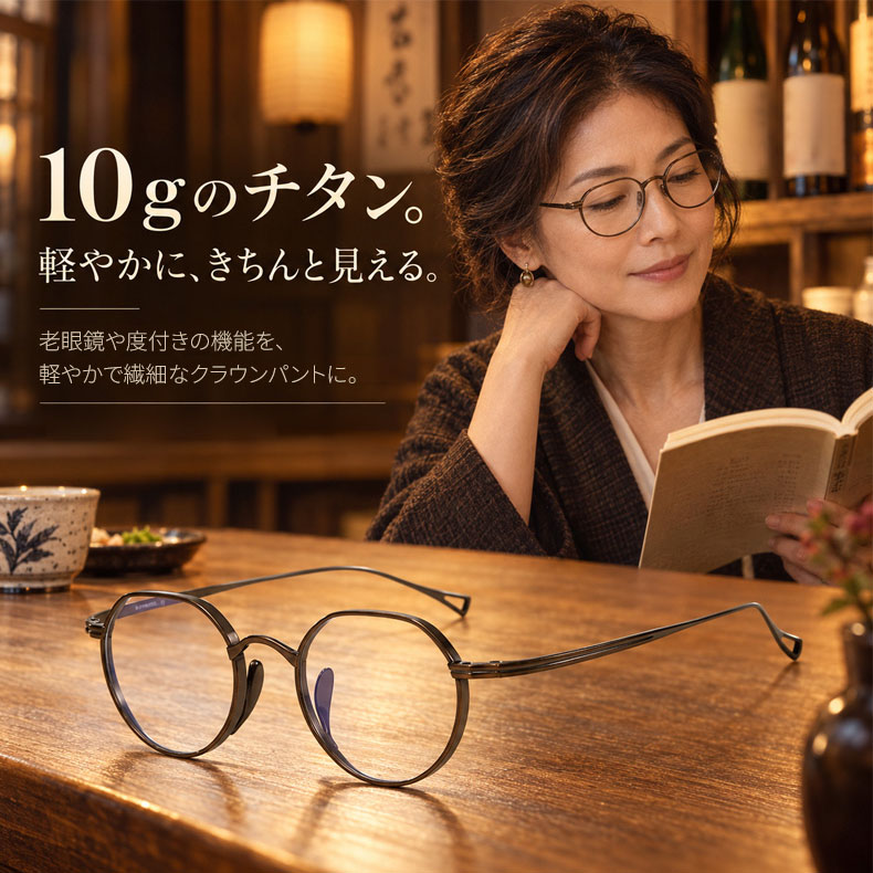 CROWN｜10g クラウンパント型フレームスプラウトパットメガネ｜匠の技が光る一本 | 読書も仕事も、自然な印象で