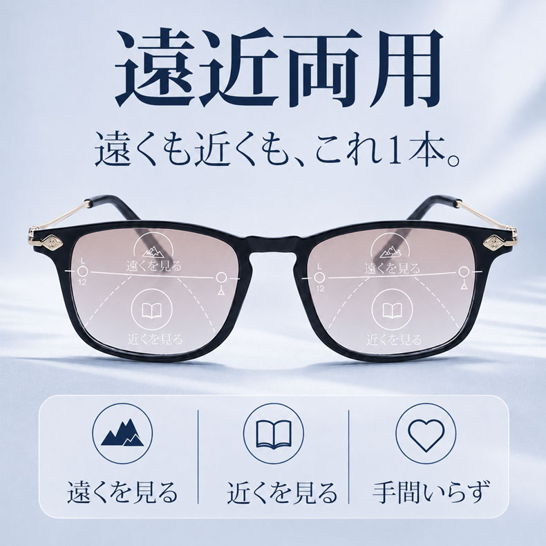 Eterlens 老眼鏡|デュアル・スタイル | 1つのレンズで2つの機能を持つ遠近両用サングラス | UVカット ウェリントン 黒金デザイン おしゃれ