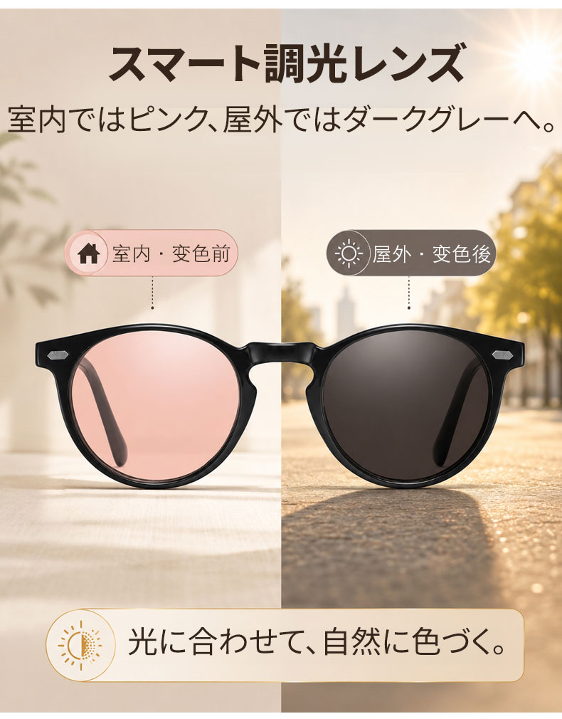 【室内外兼用・自動調光】Eterlens | 偏光レンズを採用 | 光に合わせて自然に色が変化 | UVカット | 運転・旅行・日常使いに | 素顔にもなじむ調光サングラス 商品説明画像 1