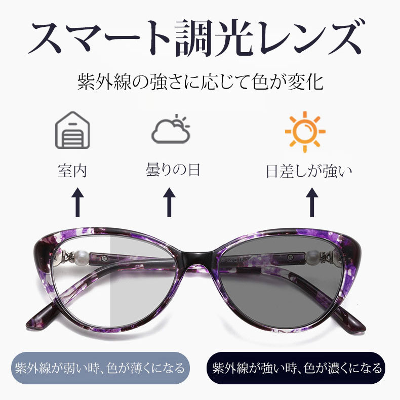 【キャットアイ型・目元をすっきり】 Eterlens｜マーブル柄パール装飾調光老眼鏡│リフトアップ効果│ 気になる目元をカバー｜大人女性のためのおしゃれなメガネ