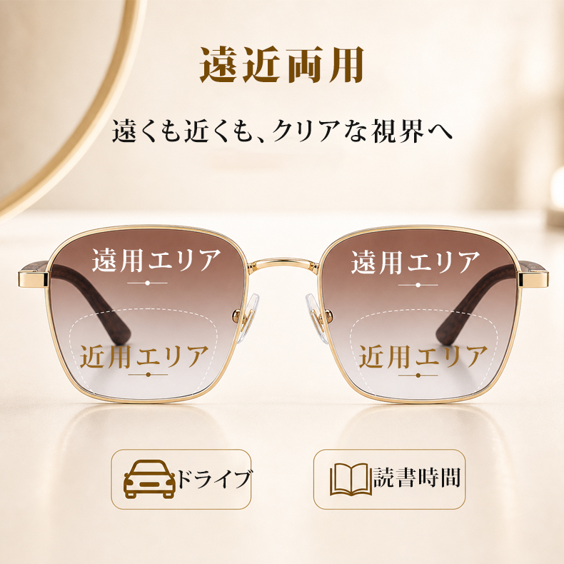 【サングラス×老眼鏡の 2in1】Eterlens｜グラデーションレンズUVカット老眼鏡付きグサングラス｜極細メタルスクエアフレーム│顔まわりをすっきり見せる│上品な一本