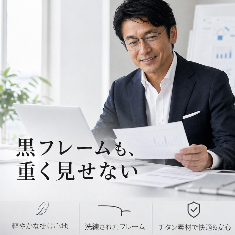 【顔を締め付けず・パソコン作業に】  Eterlens純チタンスクエア型メガネ│  ビジネス向け8.6gの超軽量で、長時間のデスクワークに最適
