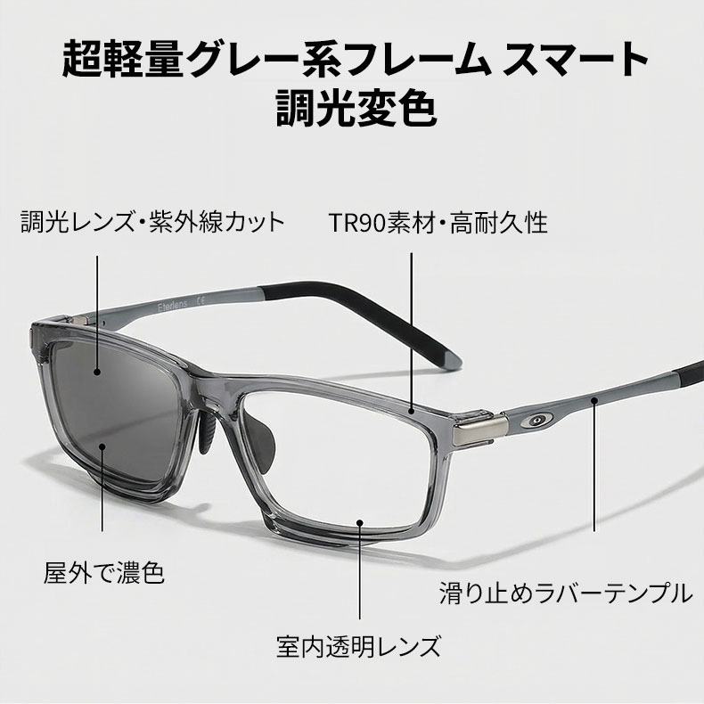 Eterlens 遠近両用メガネ【アクティブ・フォース】| スポーツも日常もこれ1本！| 調光サングラスxブルーライトカット | バネ丁番搭載スクエア型 高機能アイウェア