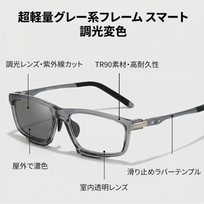 Eterlens 遠近両用メガネ【アクティブ・フォース】| スポーツも日常もこれ1本！| 調光サングラスxブルーライトカット | バネ丁番搭載スクエア型 高機能アイウェア