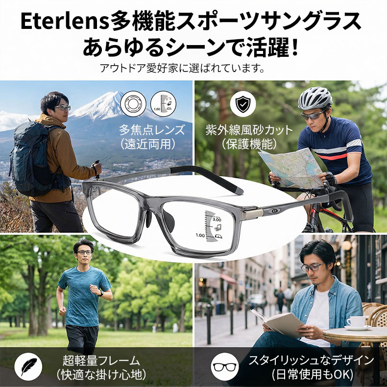 Eterlens 遠近両用メガネ【アクティブ・フォース】| スポーツも日常もこれ1本！| 調光サングラスxブルーライトカット | バネ丁番搭載スクエア型 高機能アイウェア
