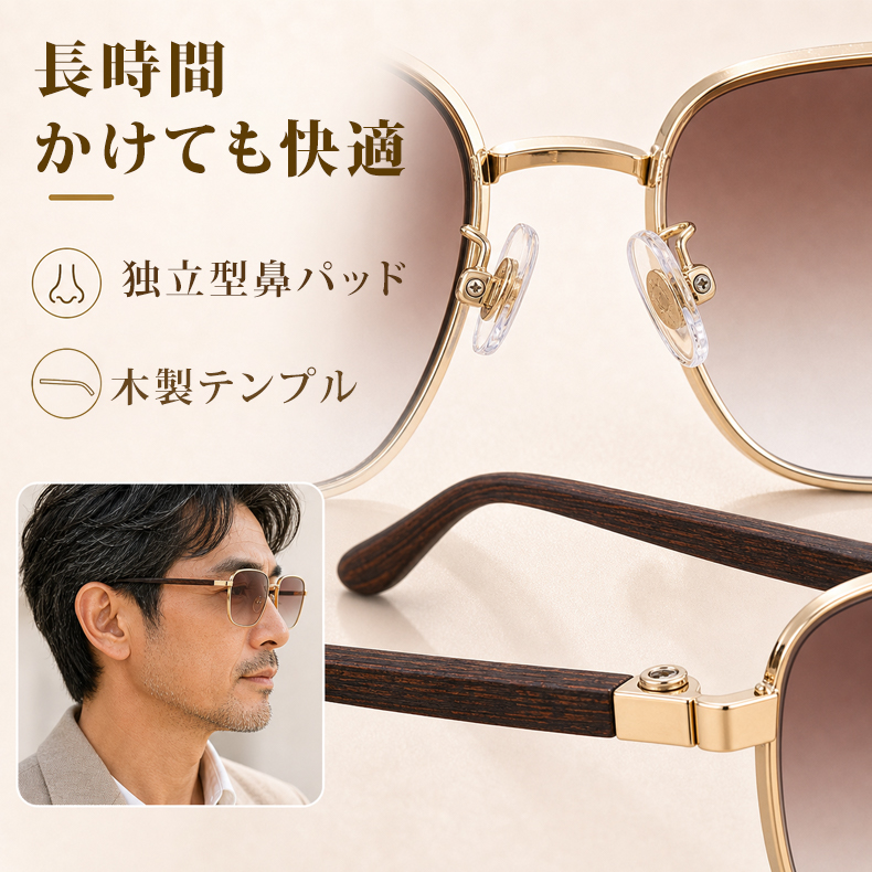 【サングラス×老眼鏡の 2in1】Eterlens｜グラデーションレンズUVカット老眼鏡付きグサングラス｜極細メタルスクエアフレーム│顔まわりをすっきり見せる│上品な一本