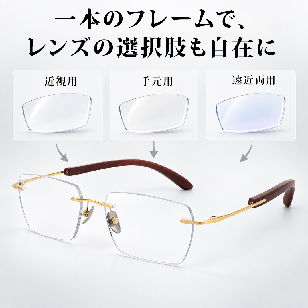 Eterlens｜天然檀木リムレスメガネ｜木ならではのやさしい肌あたり｜締めつけにくい軽やかなかけ心地｜汗ばむ季節も使いやすい｜長時間のデスクワークにも