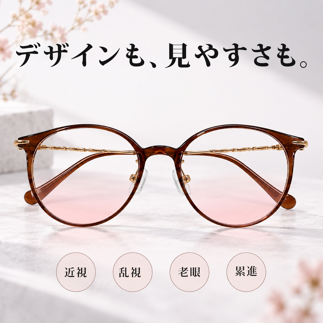 【肌映え】Eterlens｜大ぶりボストン型ライトピンクカラーレンズメガネ｜ツイストロープ風テンプル｜顔まわりをすっきり見せる｜明るい印象に