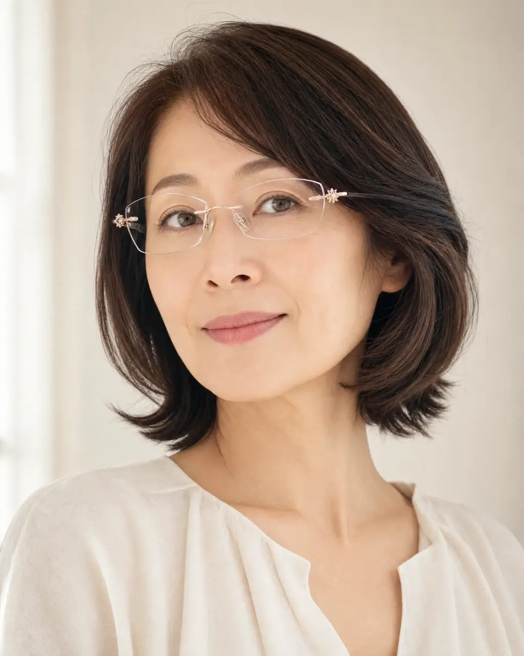 ローズゴールドのリムレス老眼鏡を掛けた50代女性