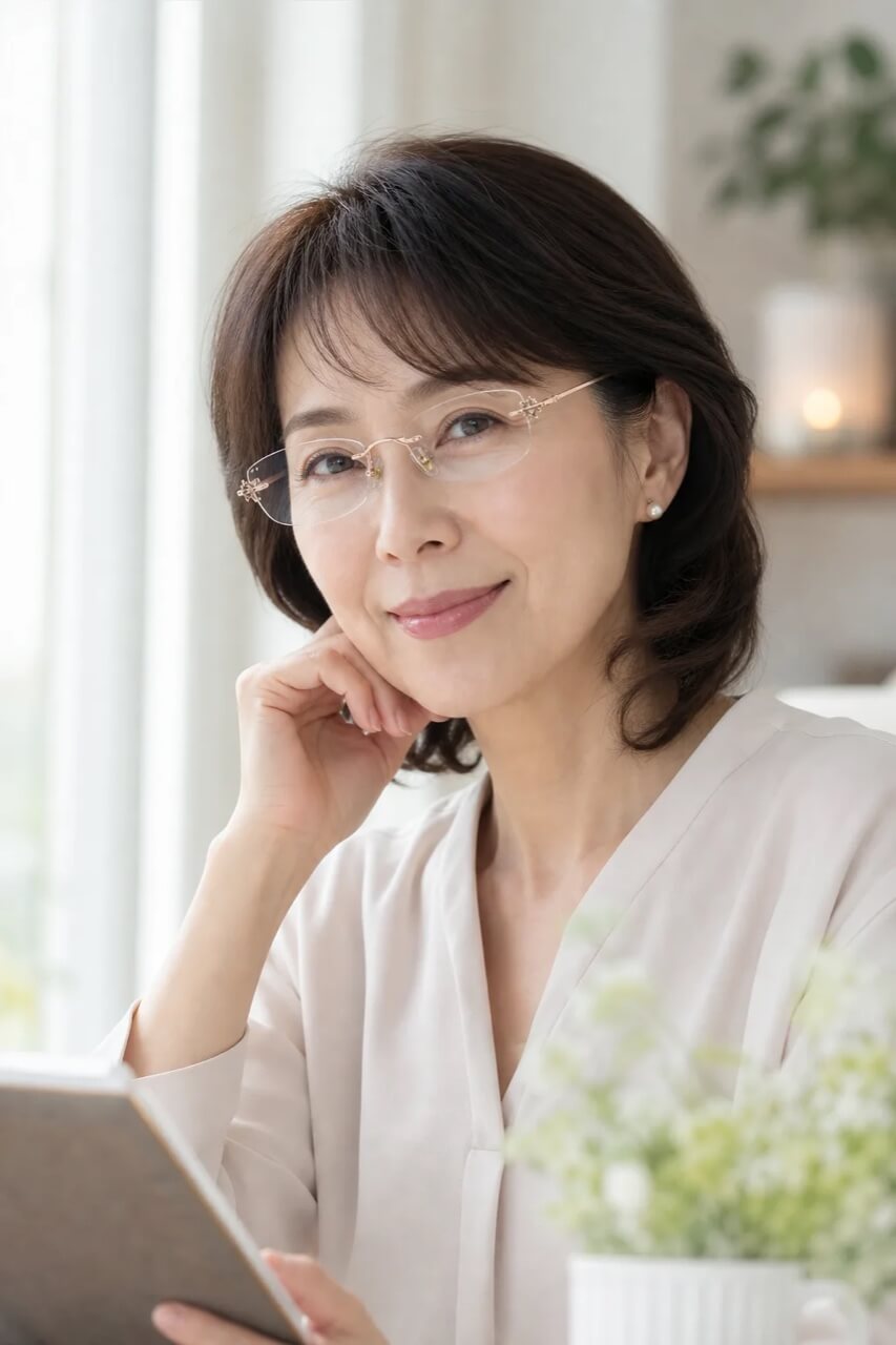 リムレス老眼鏡を掛けた60代女性の正面イメージ