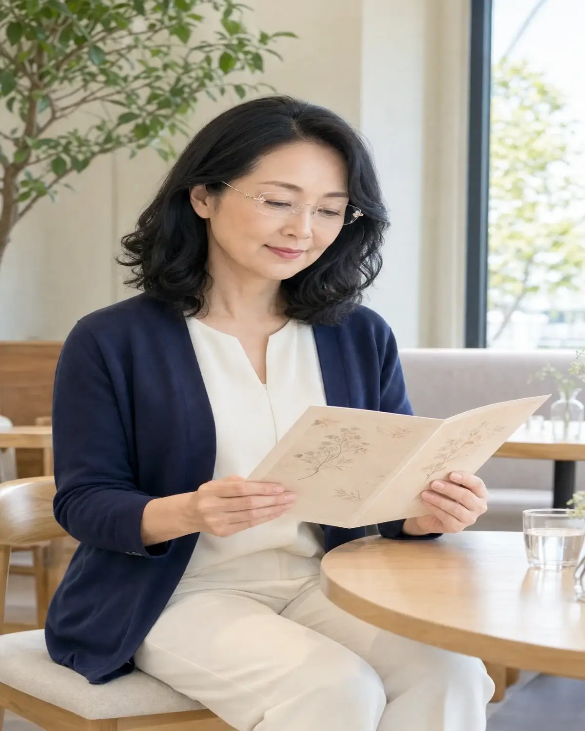 リムレス老眼鏡を掛けてカフェのメニューを読む50代女性