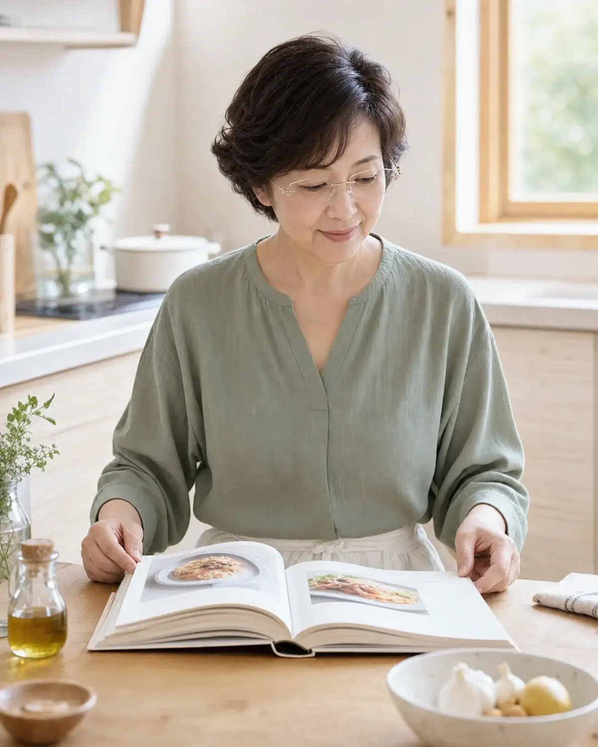 リムレス老眼鏡を掛けて料理本を読む60代女性