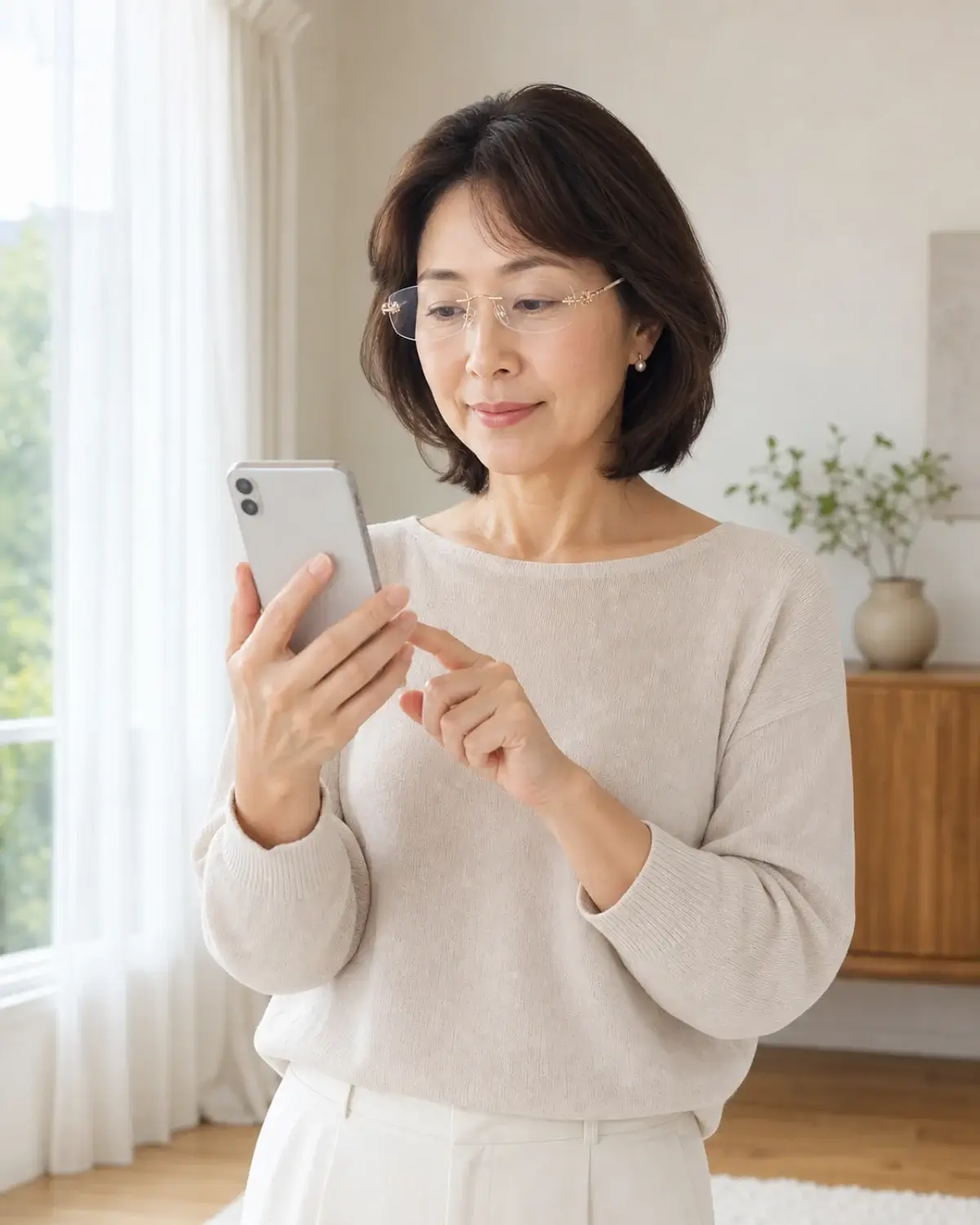 リムレス老眼鏡を掛けてスマホを確認する50代女性