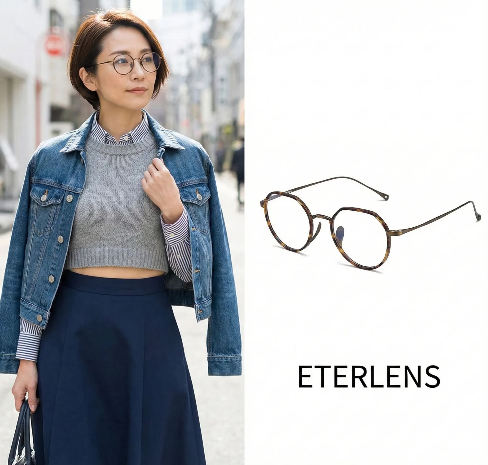 【－5歳の若見え】Eterlens | 7.2g 驚きの軽さ | 小顔効果クラウンパント纯チタン眼鏡 - 商品画像 3/13 (Round RxReady)