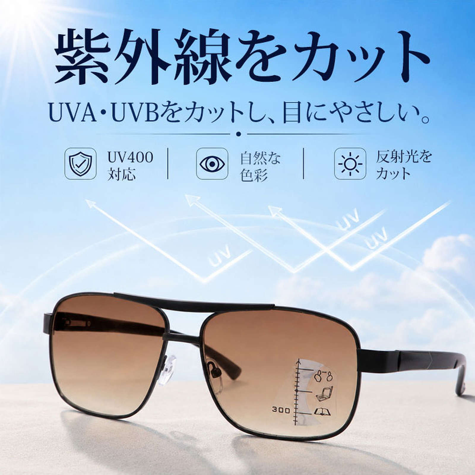 サングラス×老眼鏡2in1】Eterlens ｜クラシックなダブルブリッジ 遠近