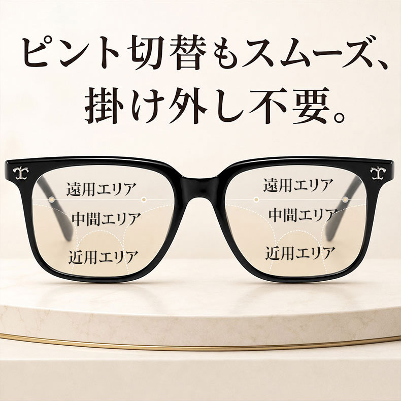 【調光・遠近両用】Eterlens 色が変わる老眼鏡｜大きなスクエア型｜芯張りテンプル｜アセテート｜ブルーライトカット 紫外線対策 ユニセックス