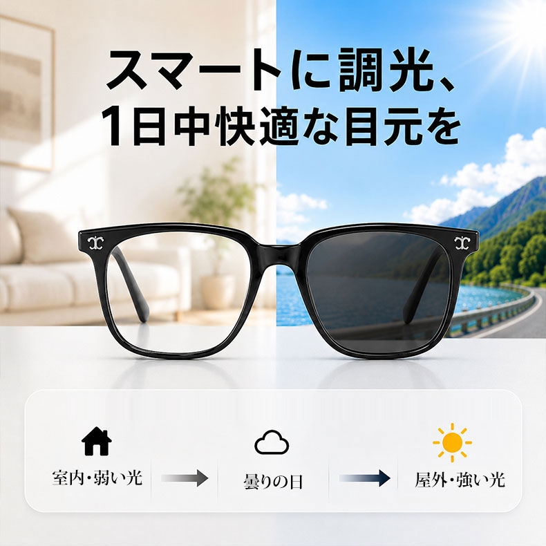 【調光・遠近両用】Eterlens 色が変わる老眼鏡｜大きなスクエア型｜芯張りテンプル｜アセテート｜ブルーライトカット 紫外線対策 ユニセックス