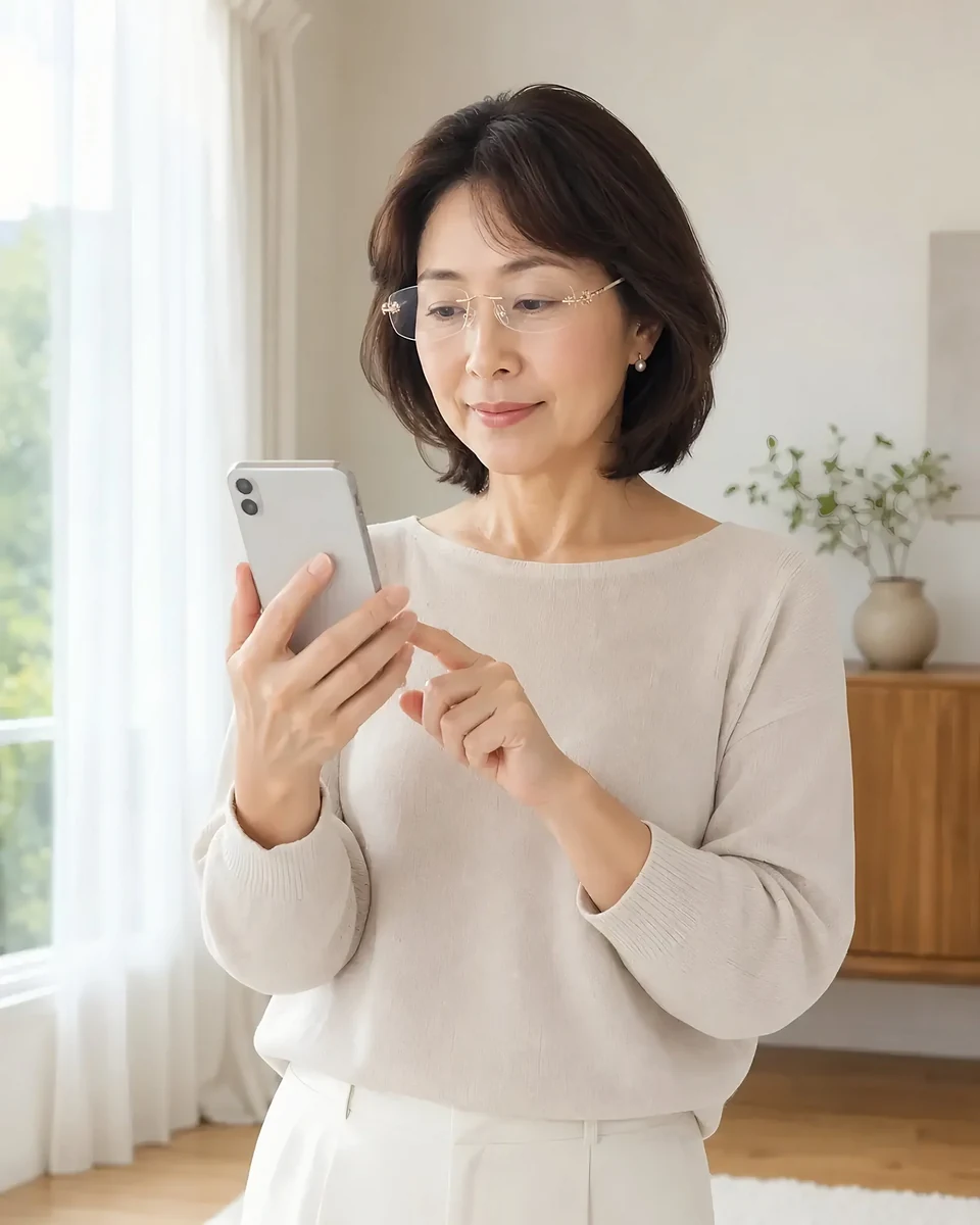 リムレス老眼鏡を掛けてスマホを確認する50代女性
