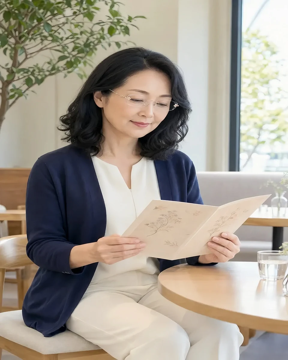 リムレス老眼鏡を掛けてカフェのメニューを読む50代女性
