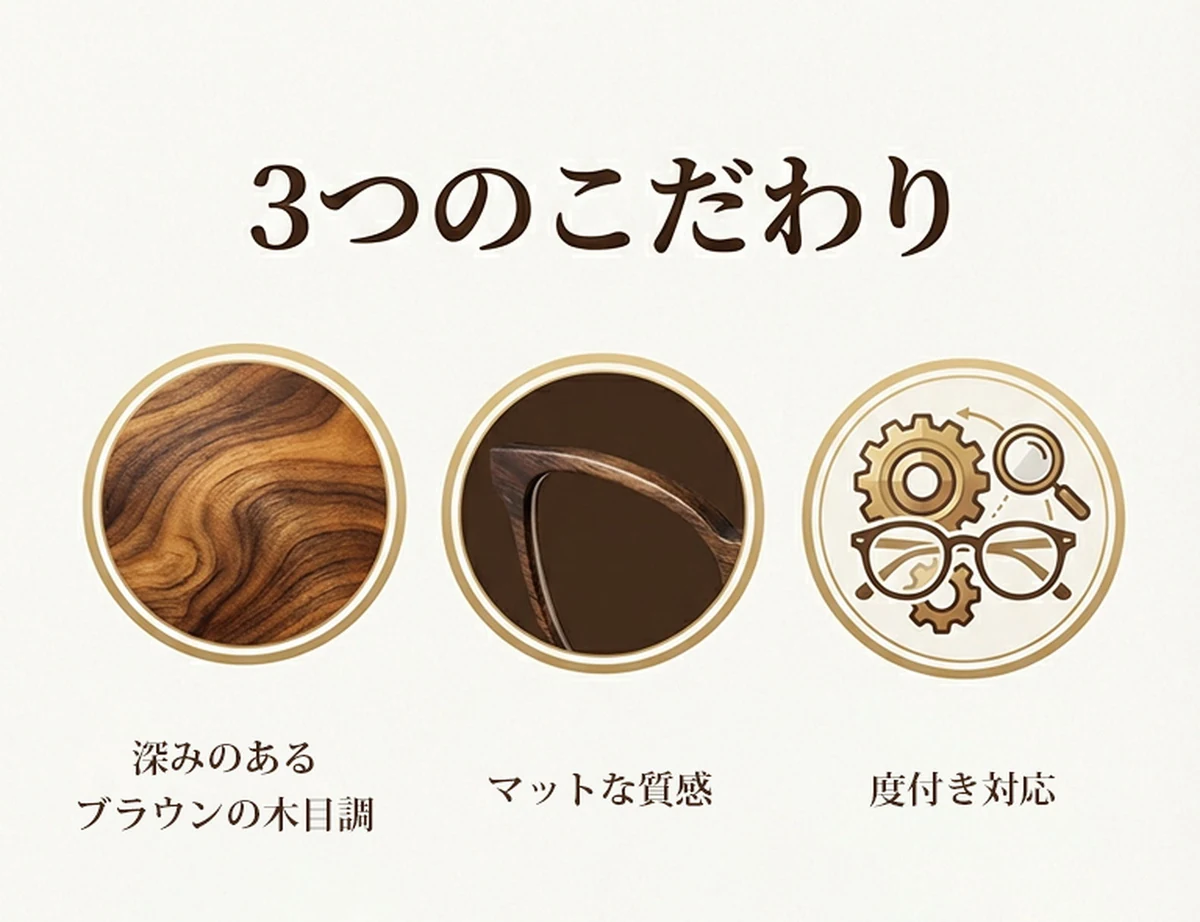 【小顔効果・知的な印象】Eterlens オーダーメイドメガネ ボストン型 | 天然木製フレーム | 度付き対応・ブルーライトカット・メンズ 商品説明画像 3
