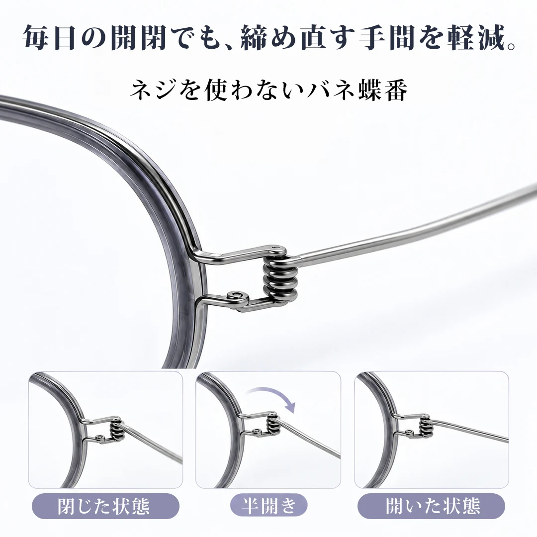 AERO-LINK β｜わずか6.3g、ネジを使わない革新構造 | 長く掛けても、顔に残りにくい軽さ | 航空宇宙素材「βチタン」採用