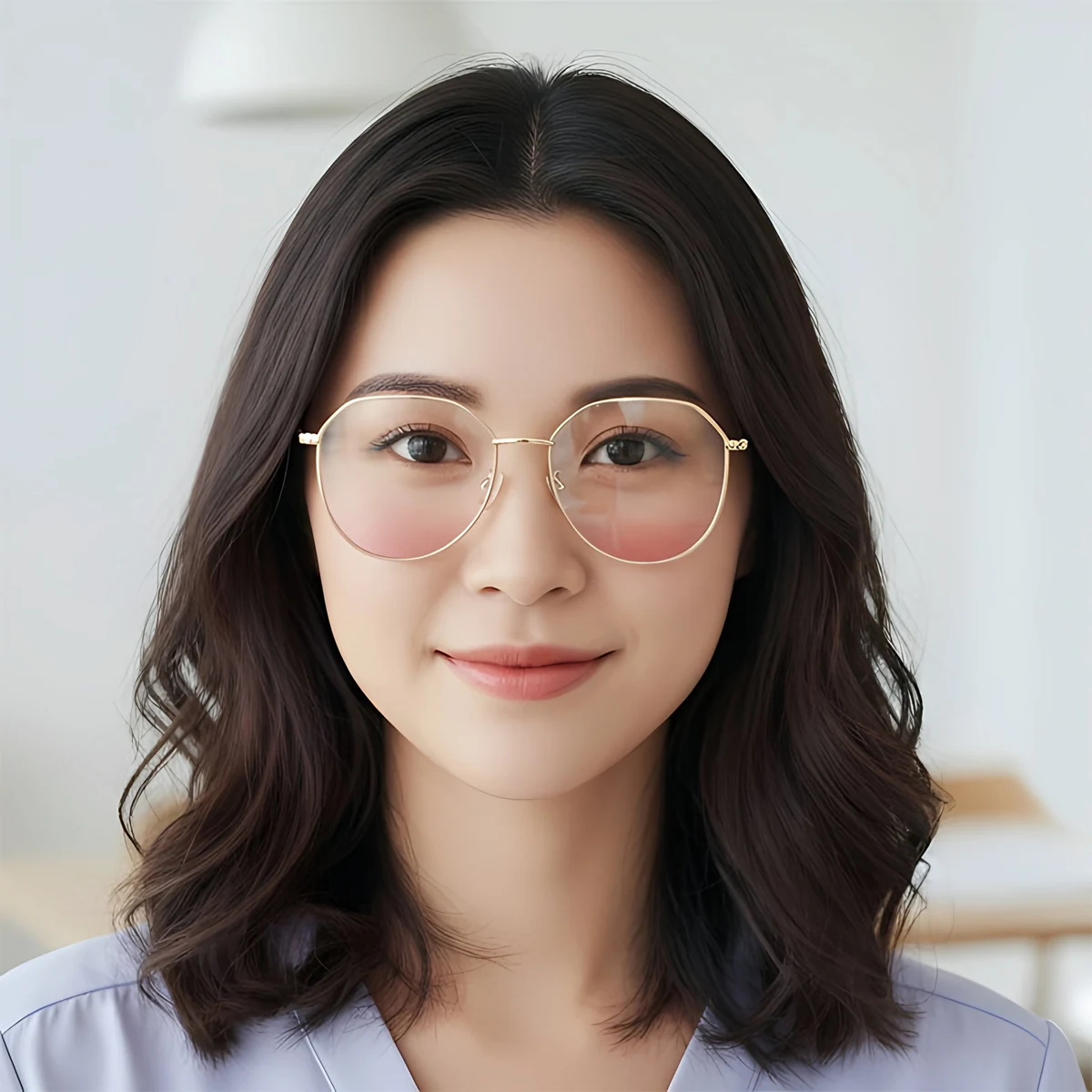 【血色感UP・すっぴん隠し】Eterlens 18g 血色感アップメガネ 度付き おしゃれ 多角形 | ライトピンクレンズ+合金フレーム | 肌映え・大人可愛い - 商品画像 3/11 (Round RxReady)