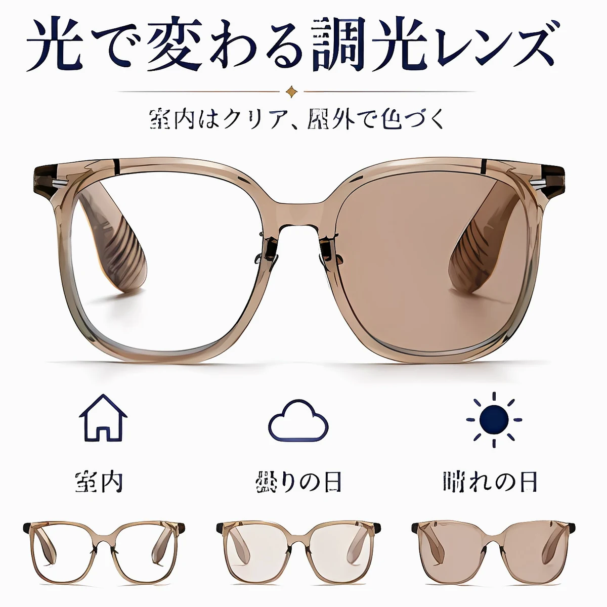【調光レンズ・光に合わせて変化】Eterlens 紫外線で色が変わるリーディンググラス｜滑り止めテンプル｜室外・室内兼用