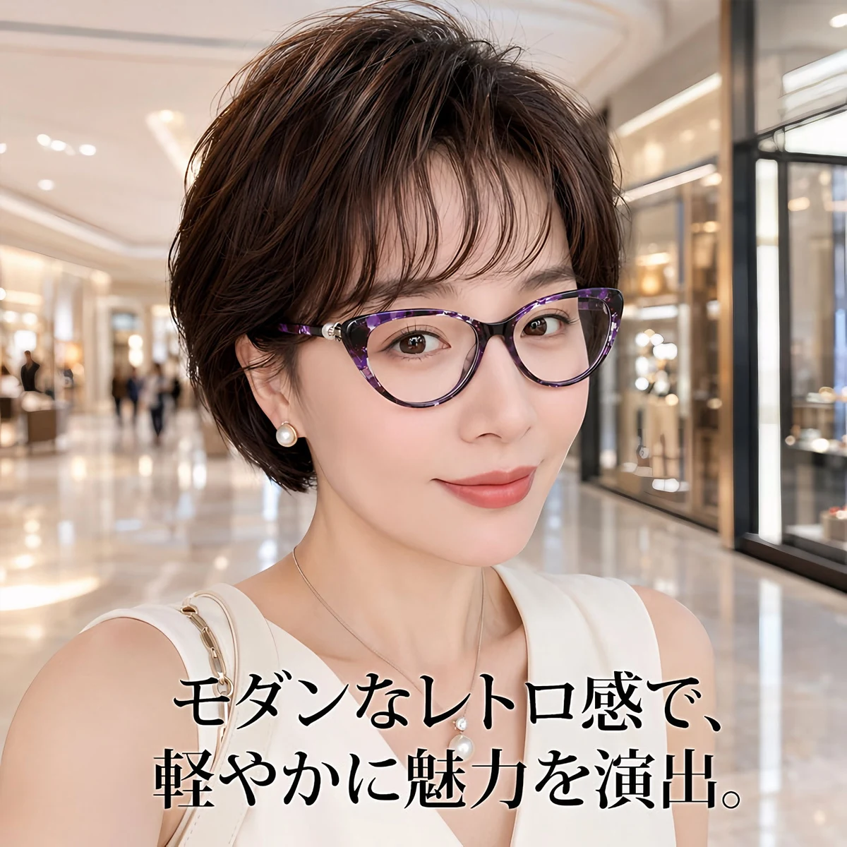 【キャットアイ型・目元をすっきり】 Eterlens｜マーブル柄パール装飾調光老眼鏡│リフトアップ効果│ 気になる目元をカバー｜大人女性のためのおしゃれなメガネ