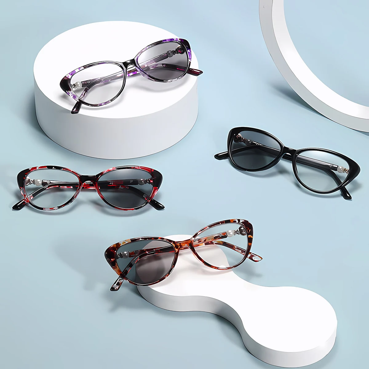 【キャットアイ型・目元をすっきり】 Eterlens｜マーブル柄パール装飾調光老眼鏡│リフトアップ効果│ 気になる目元をカバー｜大人女性のためのおしゃれなメガネ