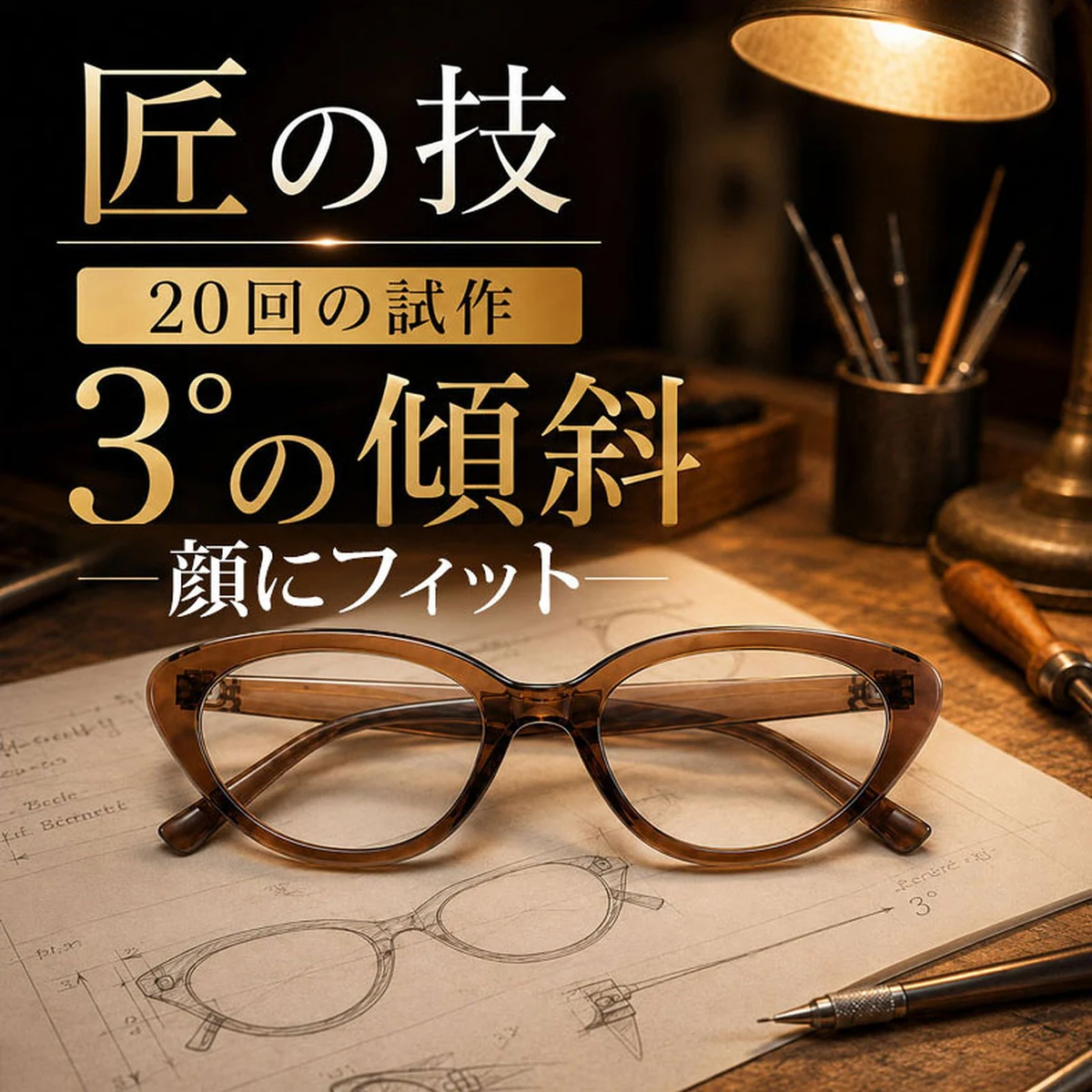 【小顔効果・メガネ】ETERLENS | フェイスライン補整「フォックス型」 | リフトアップ | 軽量 アセテート 大人可愛い 度付き