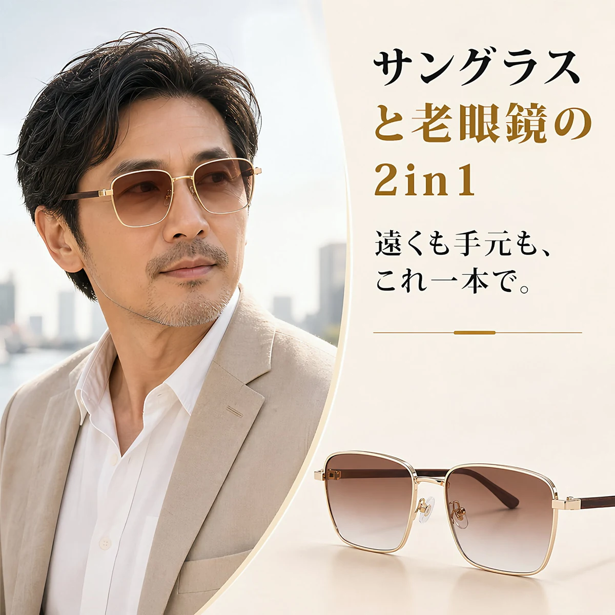 【サングラス×老眼鏡の 2in1】Eterlens｜グラデーションレンズUVカット老眼鏡付きグサングラス｜極細メタルスクエアフレーム│顔まわりをすっきり見せる│上品な一本
